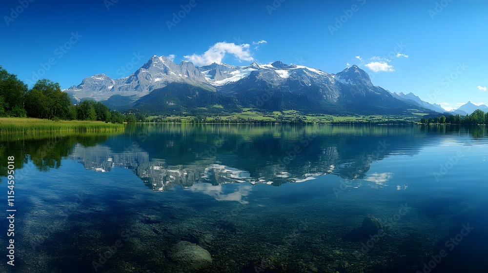 Naklejka premium Dramatic landscape photograph capturing majestic snow-capped mountain range reflected in crystal clear alpine lake, surrounded by lush meadows under pristine sky with wispy clouds.