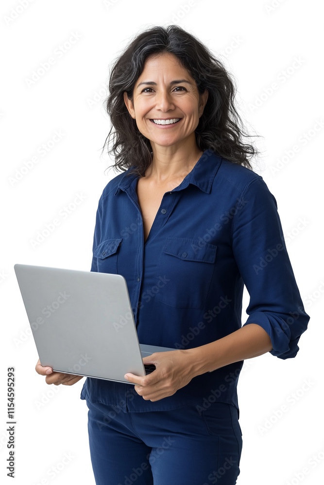 Senior woman holding a laptop, she is smiling and wearing a blue shirt, isolated on white. Professional and businesswoman portrait. Senior woman holding a laptop, she is smiling and wearing a blue shirt, isolated on white. Professional and businesswoman portrait.
