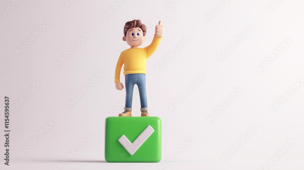 3D cartoon boy standing on green checkmark cube, pointing up. 3D cartoon boy standing on green checkmark cube, pointing up.