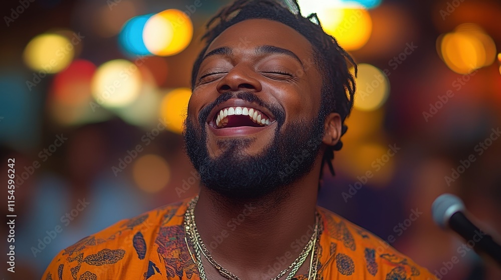 Obraz premium Joyful Black man laughing heartily in a dimly lit bar.