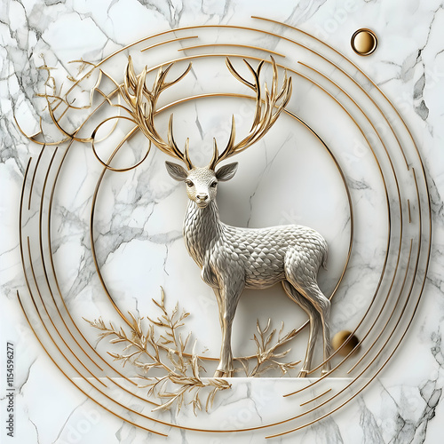 Elegant 3D Stag Illustration on Marble Background with Gold Accents photo