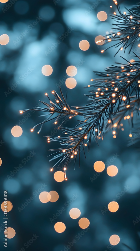 Illuminated Pine Branch, Winter Bokeh, Festive Lights, Holiday Background, Card Design. Illuminated Pine Branch, Winter Bokeh, Festive Lights, Holiday Background, Card Design.
