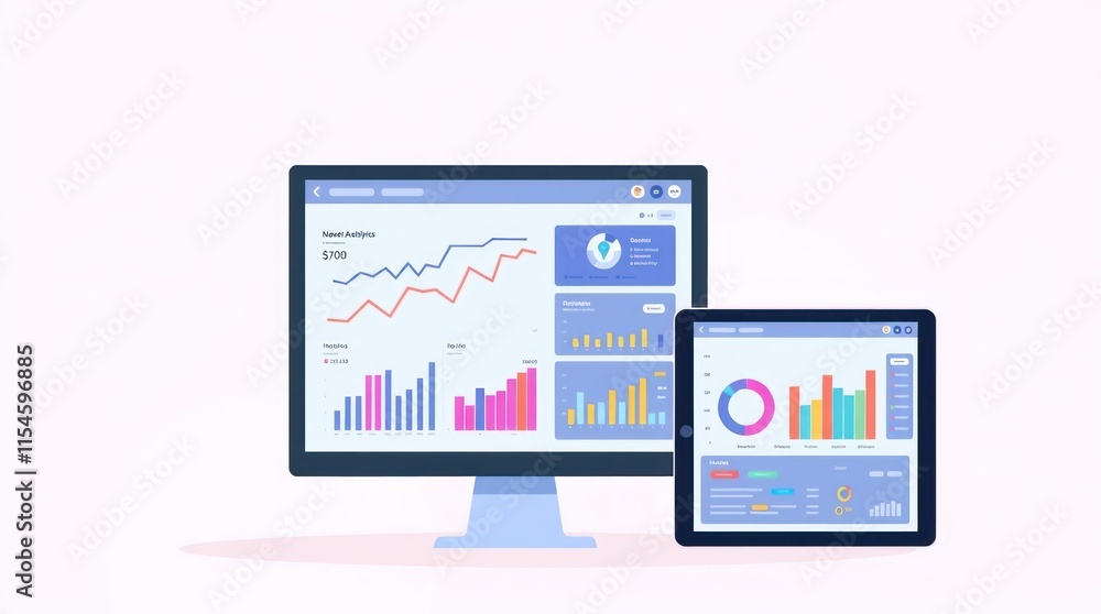 Digital dashboards displaying data analytics and performance metrics on screens. Digital dashboards displaying data analytics and performance metrics on screens.