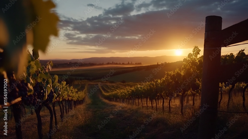 Obraz premium Tuscan Vineyard Sunset: Golden Hour in Italy's Wine Country