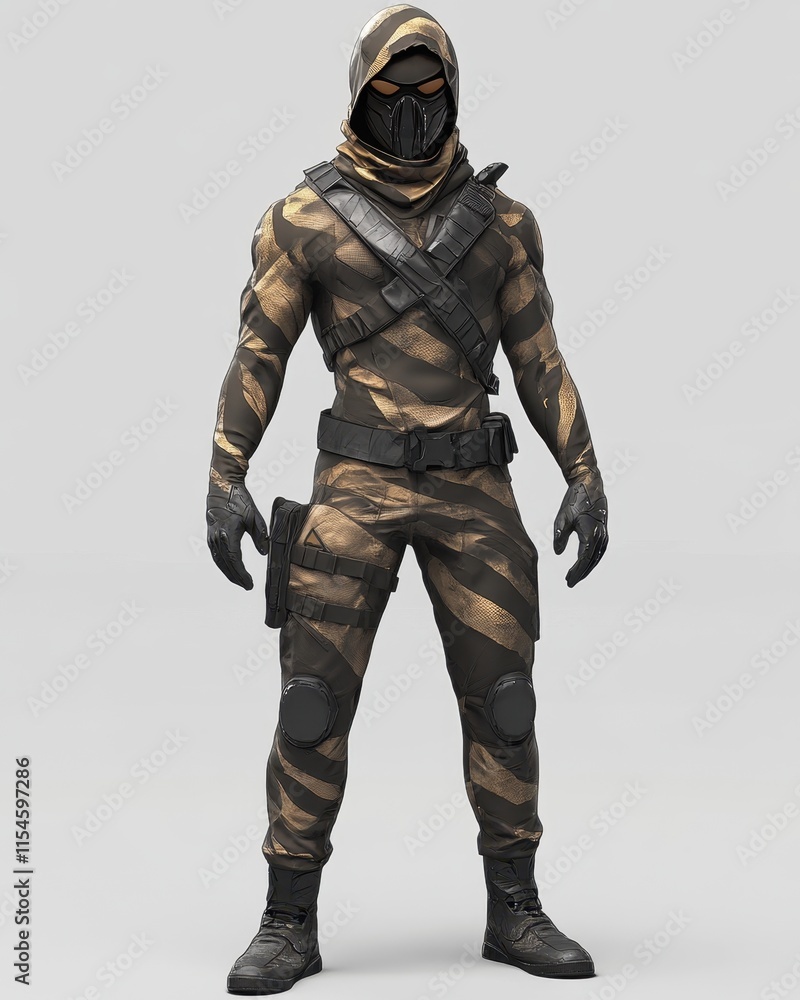A stealthy character in a tactical outfit, designed for action. A stealthy character in a tactical outfit, designed for action.