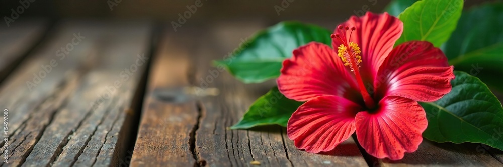 Exotic red hibiscus flower on a wooden surface, nature, wood, tropical flowers Exotic red hibiscus flower on a wooden surface, nature, wood, tropical flowers