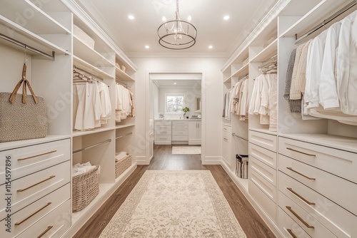 White, minimalist walk-in closet, featuring sleek storage solutions for a feminine and stylish dressing area.