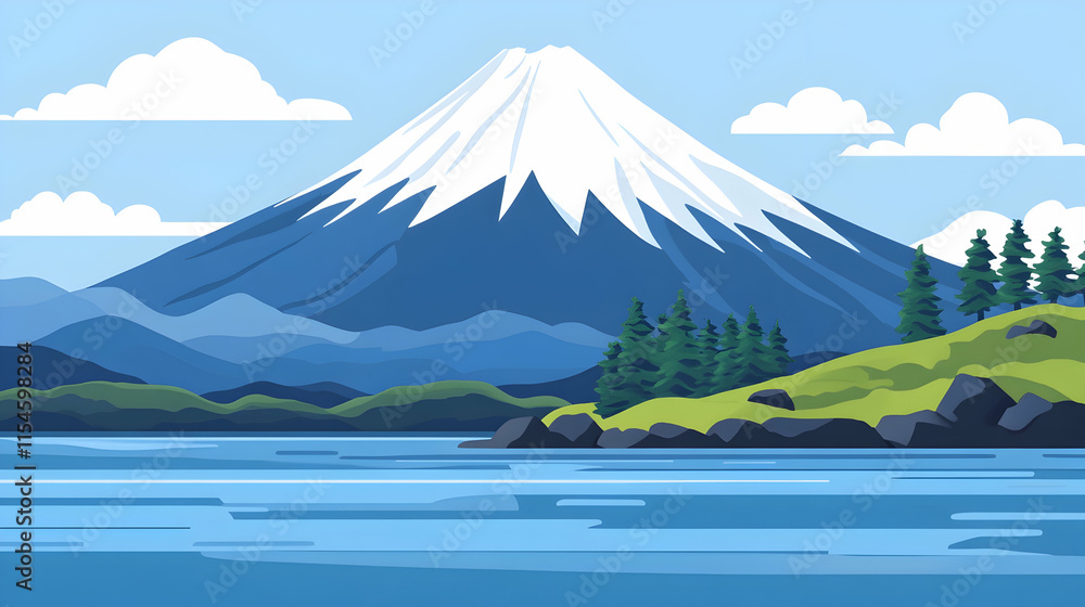 Naklejka premium Majestic Mount Fuji Lakeside Landscape, Sunny Day, Japan Travel Poster.