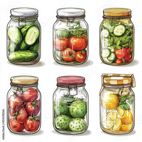 A set of six jars filled with various vegetables and fruits photo