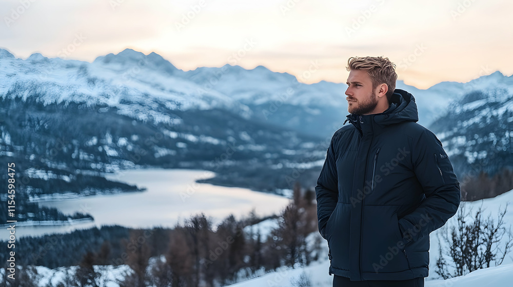 Man contemplates snowy mountain lake sunset view, winter apparel ad. Man contemplates snowy mountain lake sunset view, winter apparel ad.