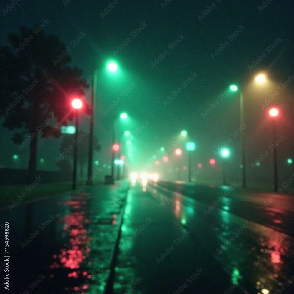 Fototapeta premium Green mist swirls around pulsing bokeh lights, foggy night, neon