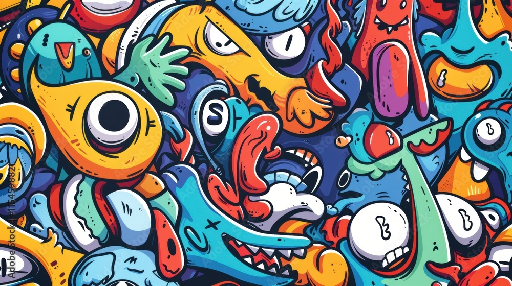 Colorful, chaotic cartoon characters with exaggerated features and expressions. Colorful, chaotic cartoon characters with exaggerated features and expressions.