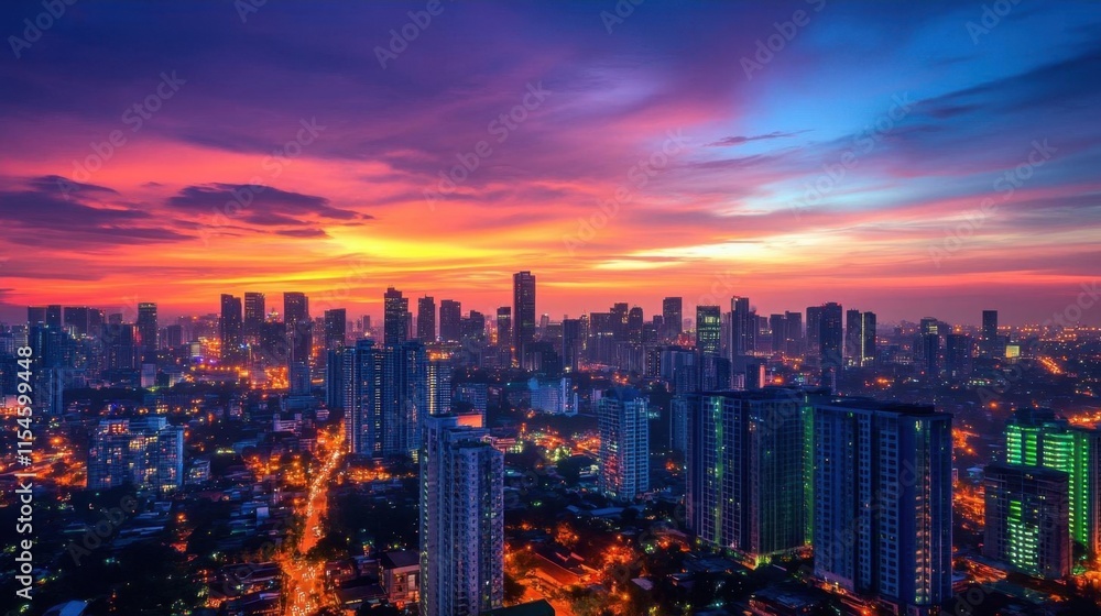 Vibrant city skyline at sunset with colorful clouds and lights. Vibrant city skyline at sunset with colorful clouds and lights.