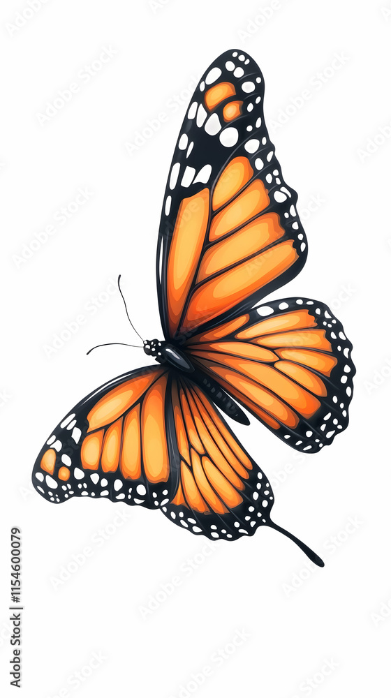 Fototapeta premium Monarch Butterfly in Flight, White Background, Nature Design, Graphic Resource.