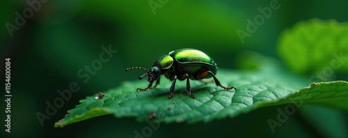 Small beetle shines bright green on dark leaf, dark forest, click beetle photo