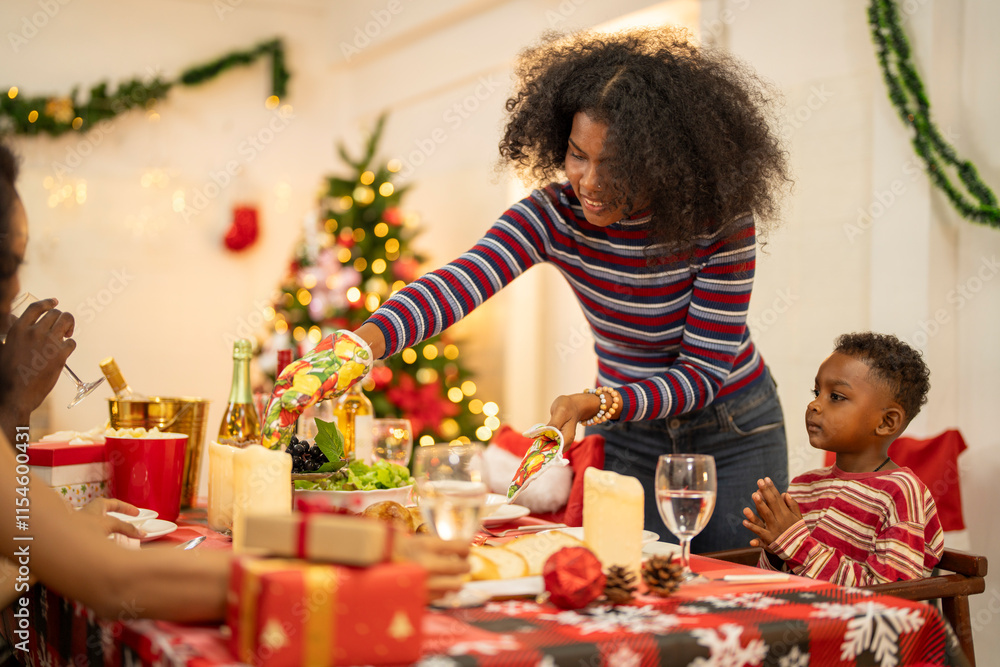 A cheerful holiday dinner scene with a diverse family enjoying a festive meal. Christmas decorations, gifts, and a lit Christmas tree create a cozy atmosphere, enhancing the warmth of the celebration. A cheerful holiday dinner scene with a diverse family enjoying a festive meal. Christmas decorations, gifts, and a lit Christmas tree create a cozy atmosphere, enhancing the warmth of the celebration.