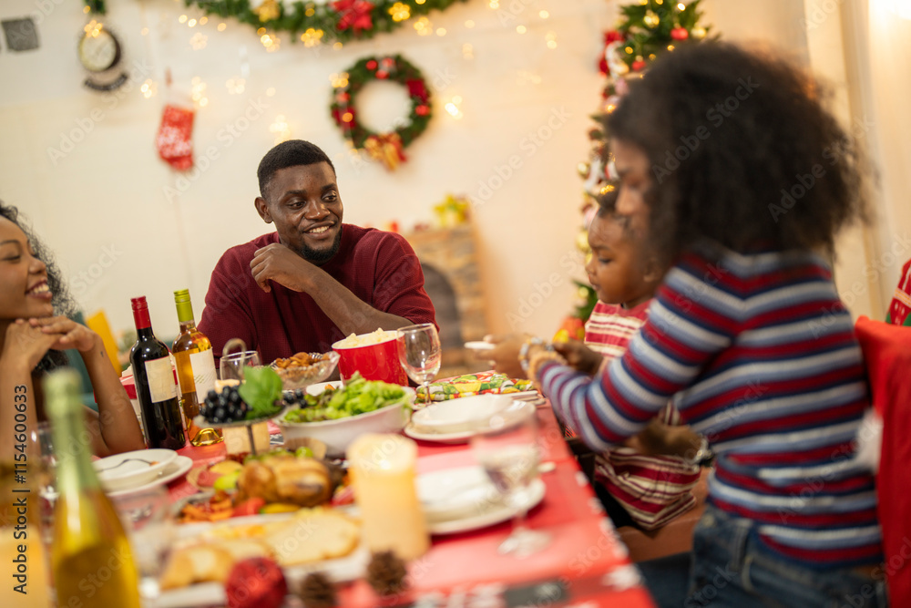 A warm Christmas family dinner with a father serving food to his young child, surrounded by festive decorations, a Christmas tree, and a holiday table spread. Joyful and cozy holiday atmosphere. A warm Christmas family dinner with a father serving food to his young child, surrounded by festive decorations, a Christmas tree, and a holiday table spread. Joyful and cozy holiday atmosphere.