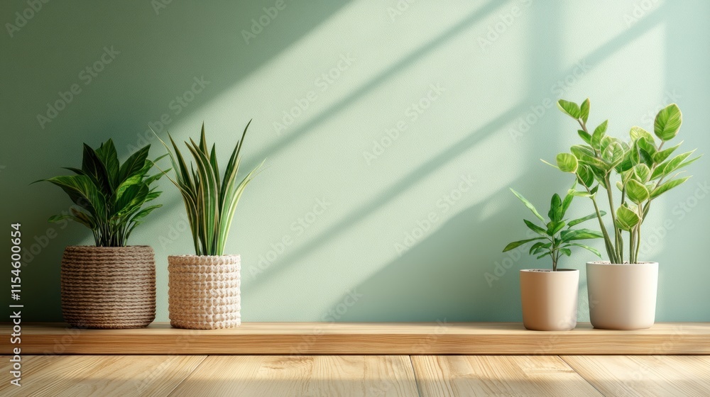 Sunlit plants in woven and ceramic pots on wooden shelf against pastel green wall. Sunlit plants in woven and ceramic pots on wooden shelf against pastel green wall.