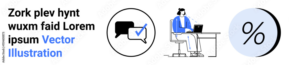 Businesswoman at desk with laptop, speech bubble with checkmark, large percentage symbol. Ideal for online tools, office software, communication apps, financial services, productivity platforms