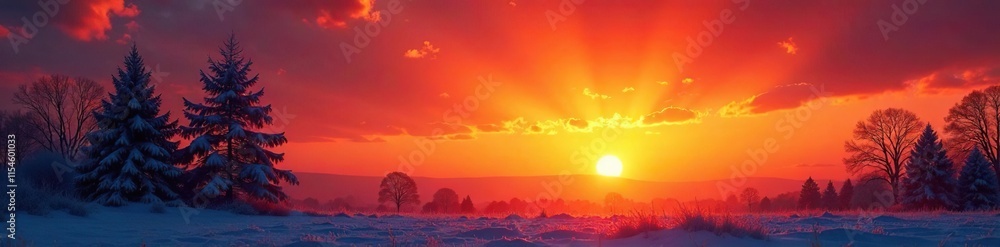 Obraz premium Trees silhouetted against a fiery orange sunset with frosty clouds, sky, sunset