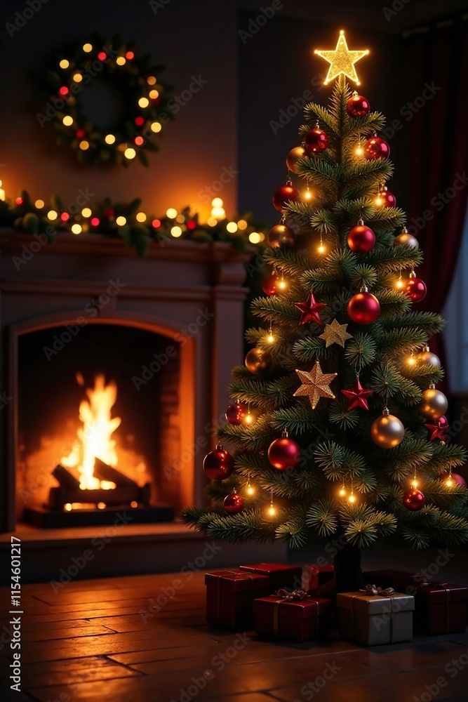 Warm fireplace glow illuminates festive Christmas tree with sparkling ornaments, festive ambiance, fire place, crackling flames Warm fireplace glow illuminates festive Christmas tree with sparkling ornaments, festive ambiance, fire place, crackling flames
