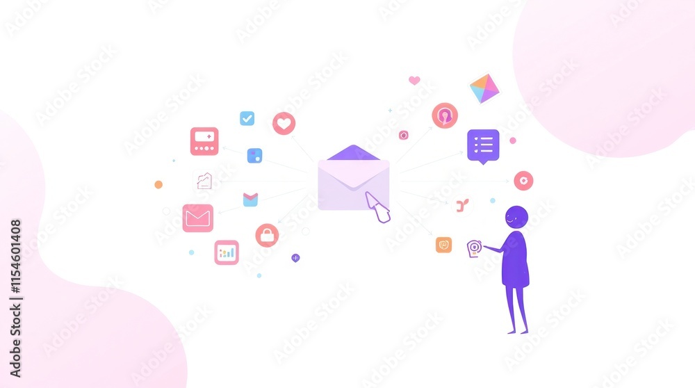 Illustration of a person interacting with digital communication icons around an envelope. Illustration of a person interacting with digital communication icons around an envelope.