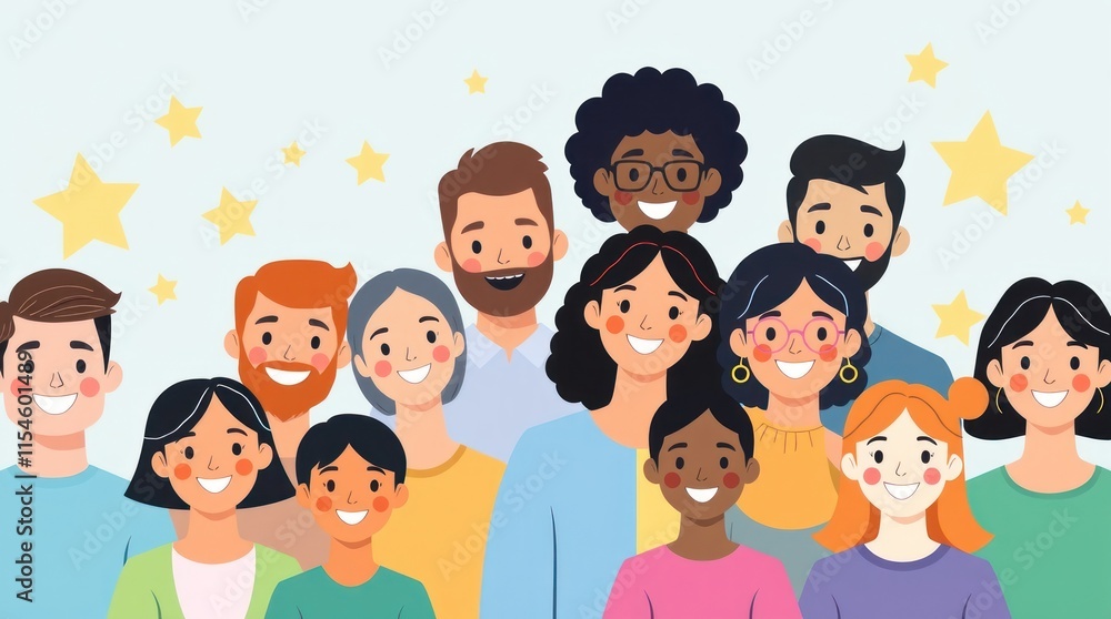 A diverse group of cheerful people smiling against a light background with stars. A diverse group of cheerful people smiling against a light background with stars.