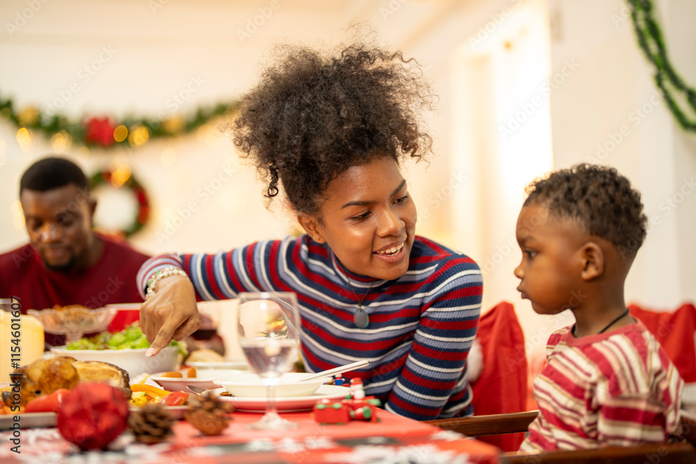 A festive family Christmas dinner setting with a decorated tree in the background. The family gathers around a beautifully decorated table, sharing food, joy, and warmth in the holiday spirit. A festive family Christmas dinner setting with a decorated tree in the background. The family gathers around a beautifully decorated table, sharing food, joy, and warmth in the holiday spirit.