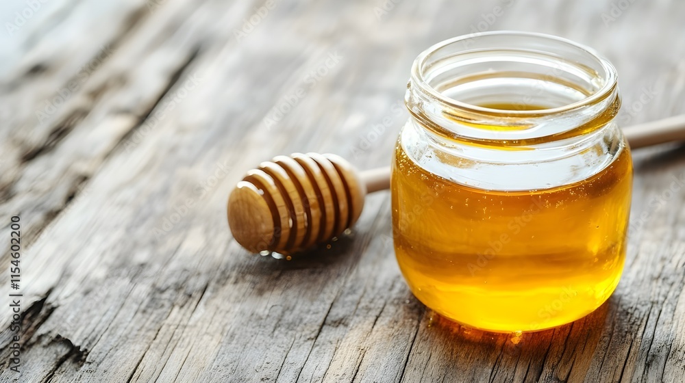 Glass Jar of Honey with Wooden Dipper on Table. Glass Jar of Honey with Wooden Dipper on Table.