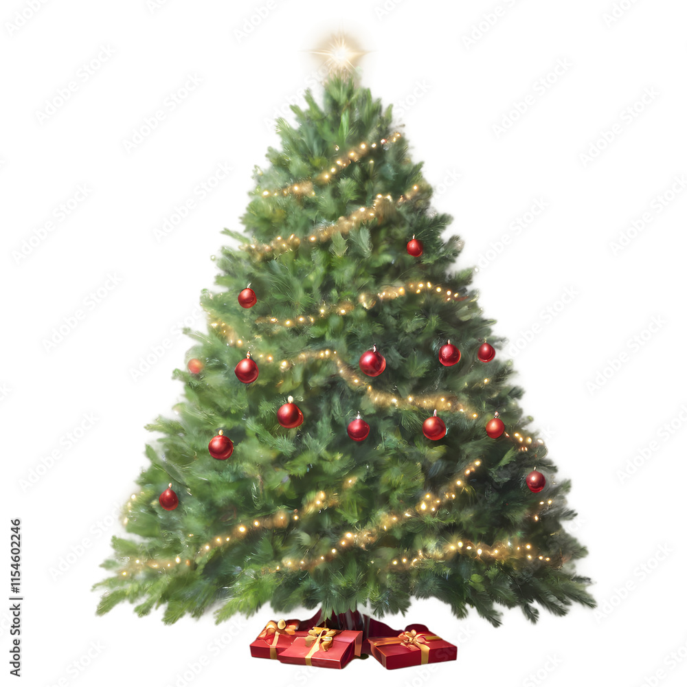 Christmas Tree Decorated with Shining Ornaments and Golden Lights on a transparent background Christmas Tree Decorated with Shining Ornaments and Golden Lights on a transparent background