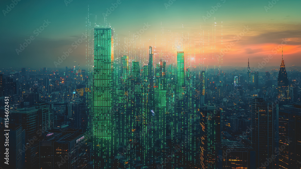Fototapeta premium Vibrant Cityscape at Night with Dazzling Skyscrapers Illuminated by Colorful Lights Reflecting on the Water Creating a Lively Urban Atmosphere Capturing the Essence of City Life