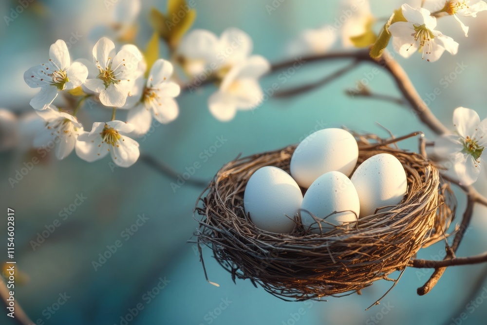 A cozy nest holds delicate white eggs among blooming flowers, symbolizing new beginnings and the joyful spirit of Easter, filled with hope and positivity this refreshing spring season A cozy nest holds delicate white eggs among blooming flowers, symbolizing new beginnings and the joyful spirit of Easter, filled with hope and positivity this refreshing spring season