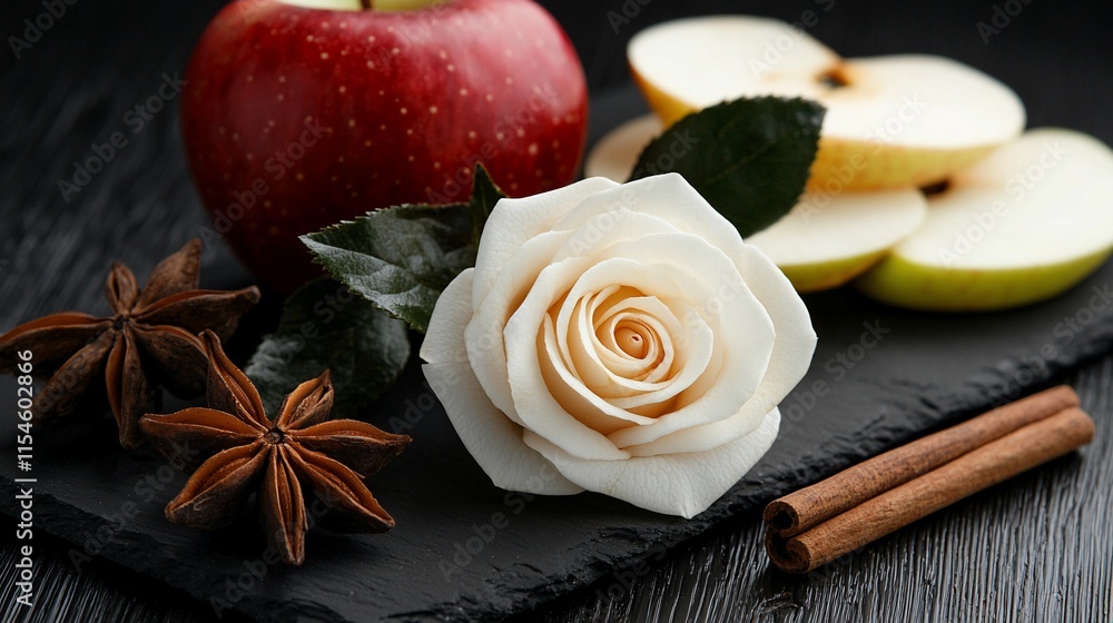 Red apple, white rose, anise, cinnamon, apple slices on slate. Red apple, white rose, anise, cinnamon, apple slices on slate.