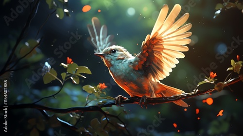 A small bird takes flight from a branch, illuminated by sunlight.