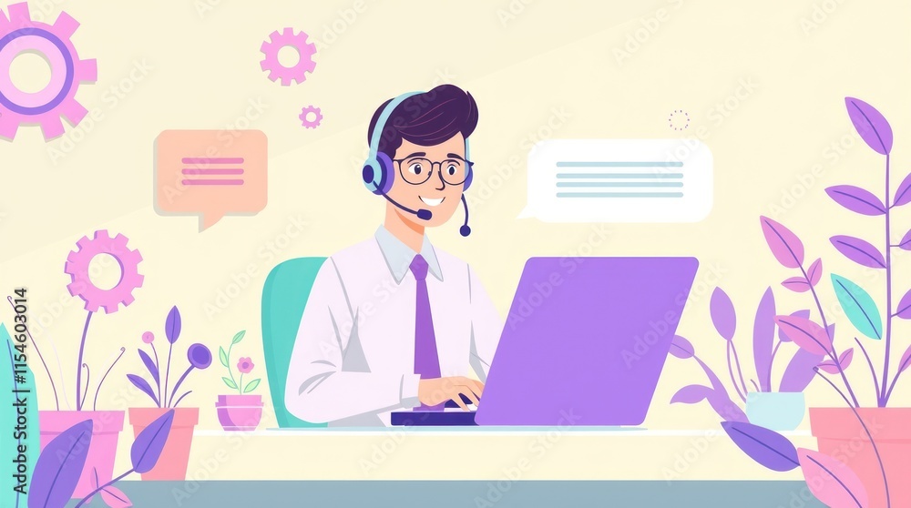 A person in a headset working at a laptop surrounded by plants and chat bubbles. A person in a headset working at a laptop surrounded by plants and chat bubbles.