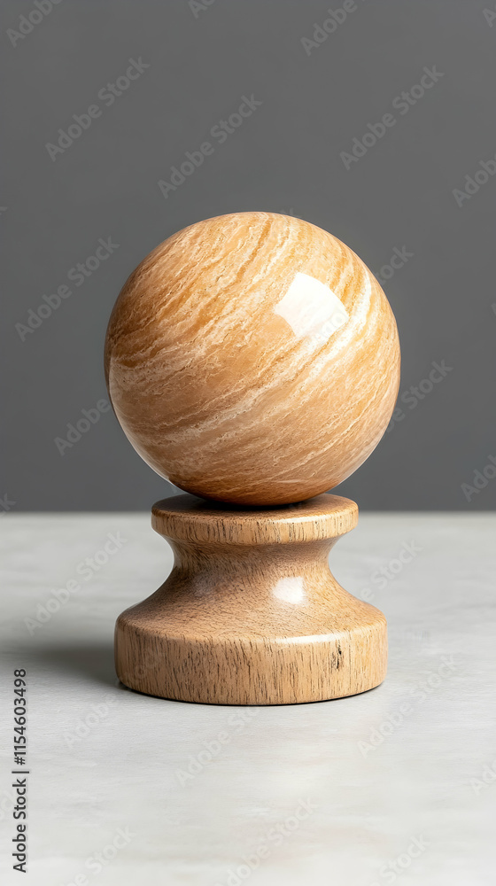 Polished Onyx Sphere on Wooden Stand, Studio Shot, Grey Background, Home Decor. Polished Onyx Sphere on Wooden Stand, Studio Shot, Grey Background, Home Decor.