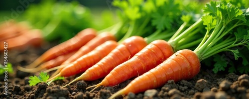 Freshly picked carrots with green tops in a field, fresh, field photo