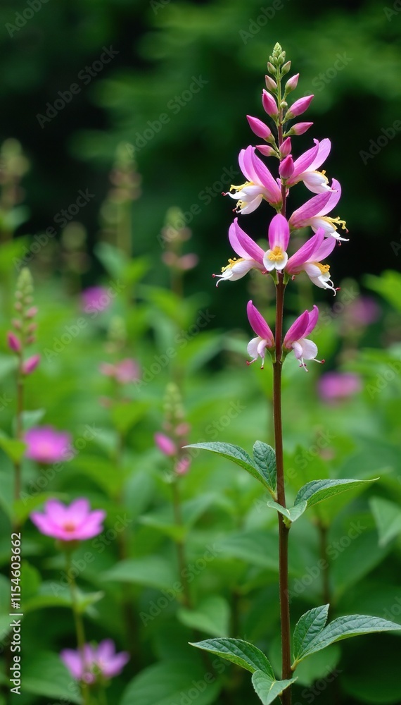 Garden with flowering common columbine Aquilegia vulgaris and greenery, garden, flowers, botanicals Garden with flowering common columbine Aquilegia vulgaris and greenery, garden, flowers, botanicals