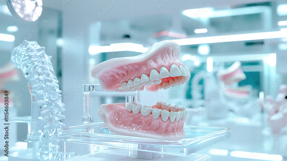 realistic model of human jaw displayed in modern dental lab, showcasing detailed teeth and gums. bright, sterile environment enhances educational aspect of dental studies realistic model of human jaw displayed in modern dental lab, showcasing detailed teeth and gums. bright, sterile environment enhances educational aspect of dental studies