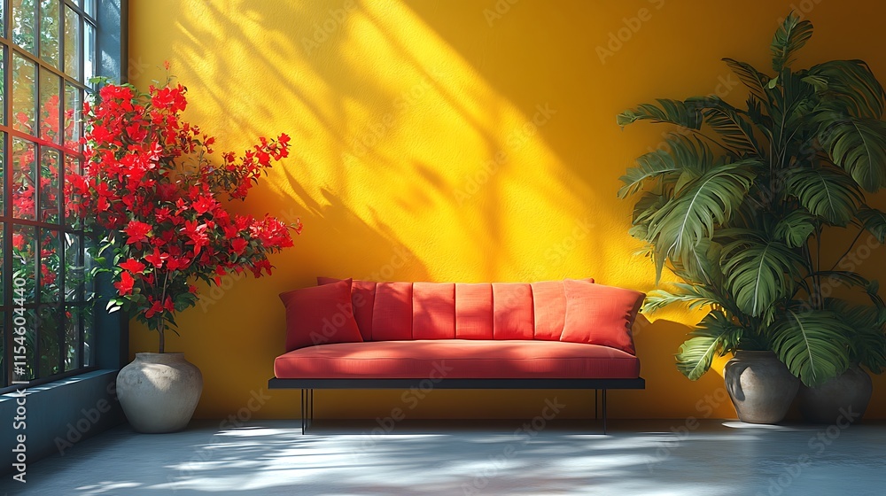 Obraz premium Modern Interior Design, Sunny Living Room with Red Sofa. Concept of Cozy, Tropical Style.