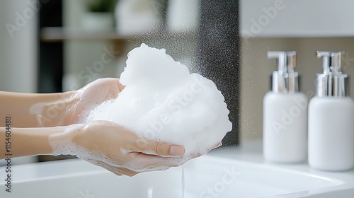 Wallpaper Mural Hands holding foam near sink, emphasizing cleanliness and hygiene. Torontodigital.ca