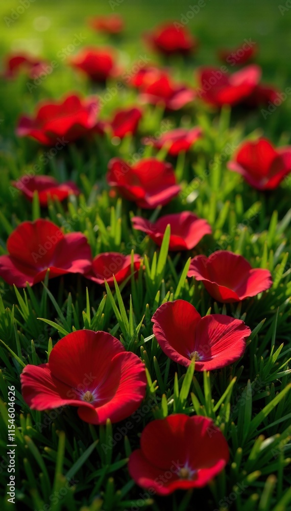Fototapeta premium Red rose petals scattered on a bed of soft green grass, floral, foliage