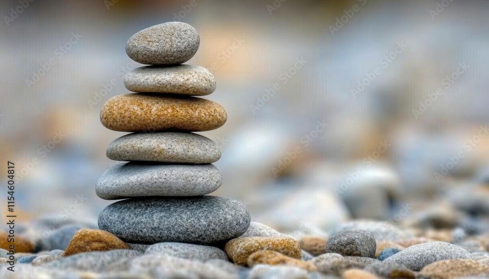 A balanced stack of smooth stones on a pebbled surface. A balanced stack of smooth stones on a pebbled surface.