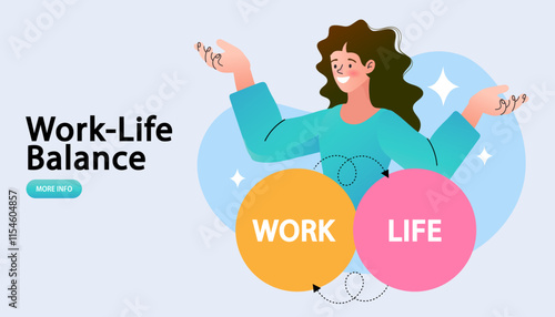 Vector illustration of work-life balance concept. A female office worker balancing tasks and personal time .