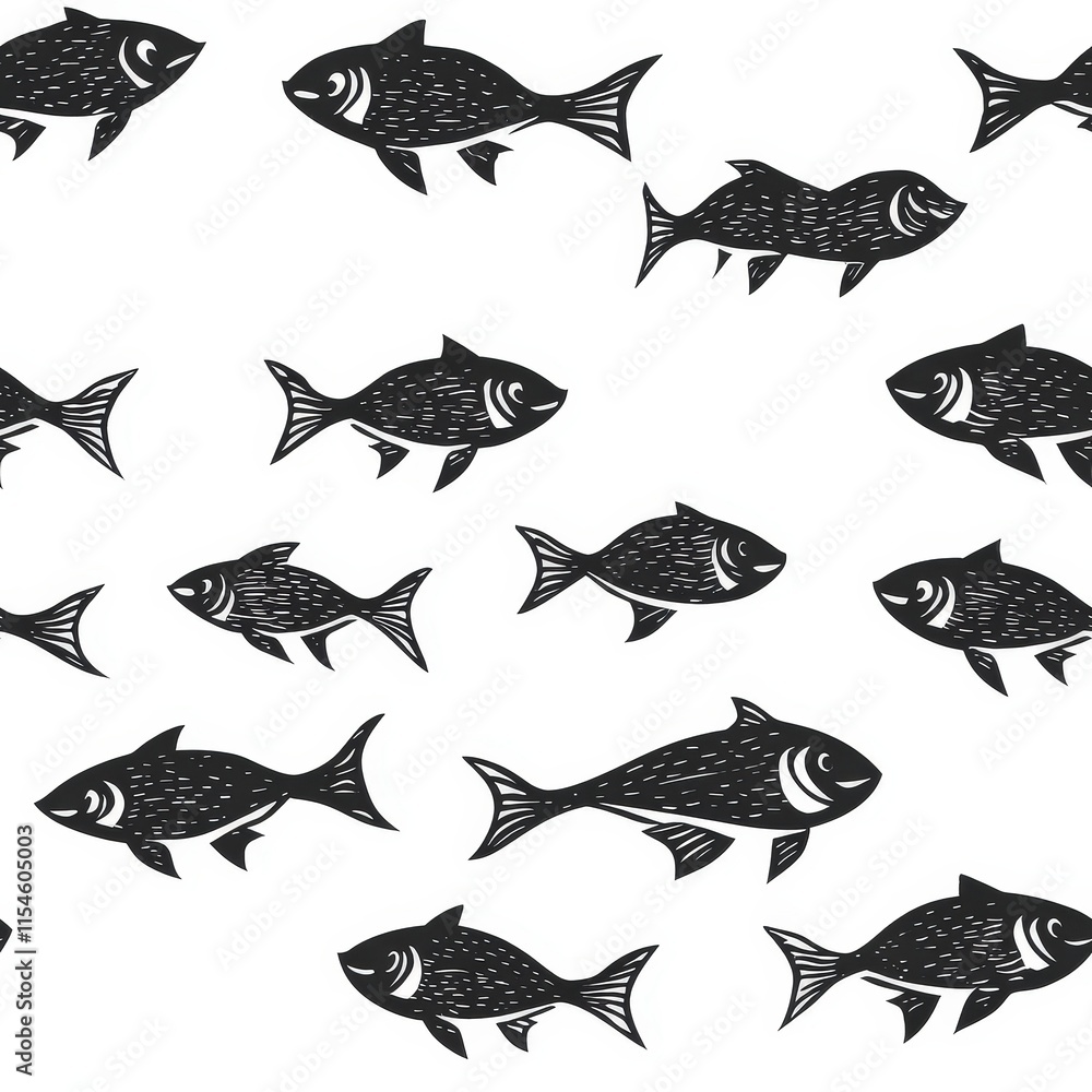 A black and white drawing of fish swimming in a line A black and white drawing of fish swimming in a line