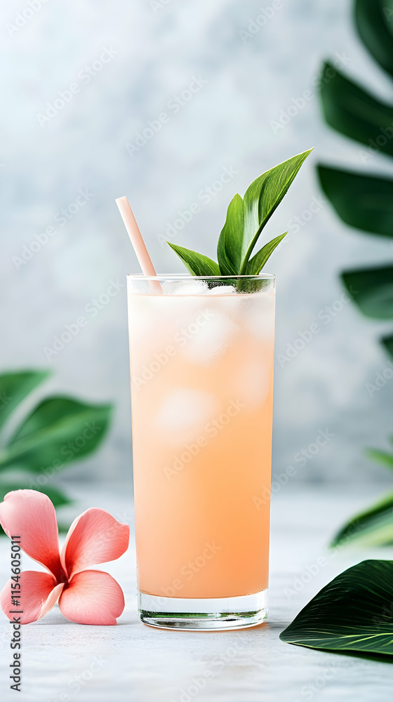 Refreshing pink cocktail with ice, garnished with leaves, on white background; tropical setting; summer drink menu. Refreshing pink cocktail with ice, garnished with leaves, on white background; tropical setting; summer drink menu.