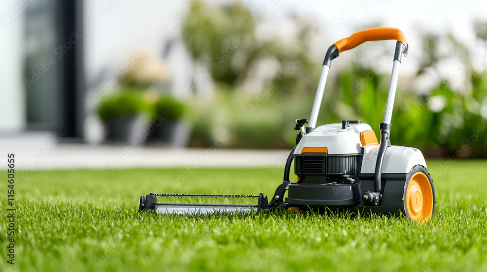 Robotic lawnmower cutting grass in backyard garden.