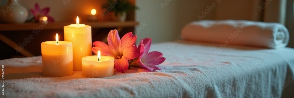 The soft glow of candles illuminates a stunning floral arrangement on a gleaming white massage table, relaxation, ambiance, cozy