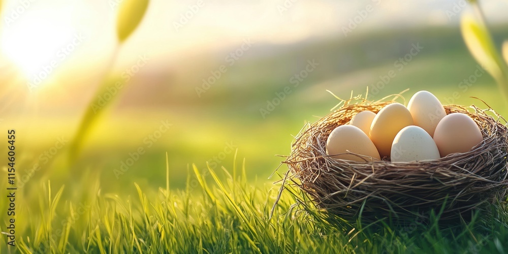 A beautifully crafted nest brimming with an array of pastelcolored eggs is nestled in a sunlit meadow, perfectly embodying the joy of Easter and the promise of new beginnings in life A beautifully crafted nest brimming with an array of pastelcolored eggs is nestled in a sunlit meadow, perfectly embodying the joy of Easter and the promise of new beginnings in life