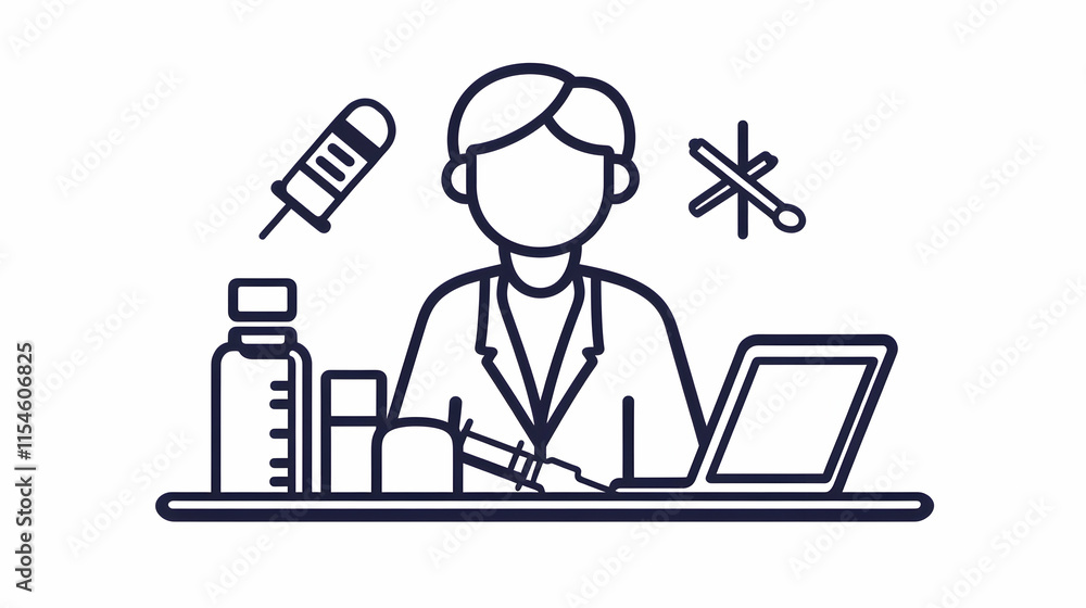 Scientist researching medicine at desk, lab equipment, technology, healthcare. Scientist researching medicine at desk, lab equipment, technology, healthcare.